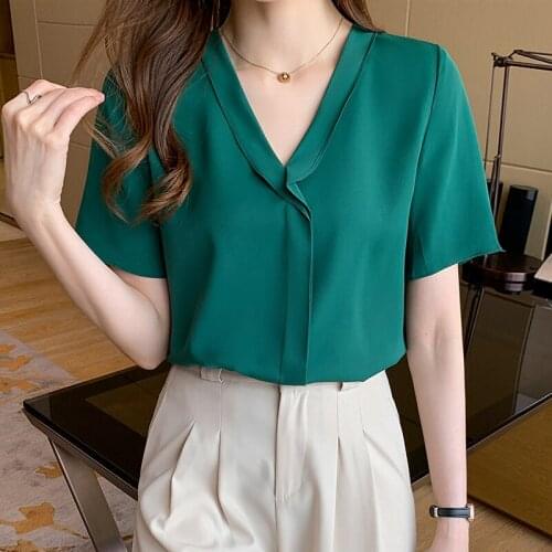 Womens Fashion Chiffon Top Short Sleeve V-neck Solid Color Shirt Top 2021 Summer Blusas De Mujer