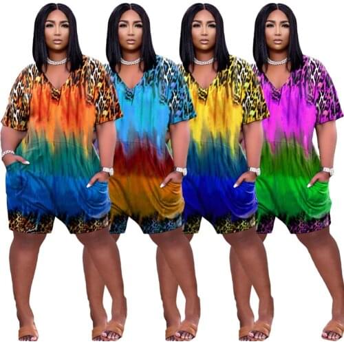 Womens One Piece Overalls Leopard Gradient Printed V Neck Short Jumpsuit with Two Side Pockets Casual Short Sleeve Loose Romper