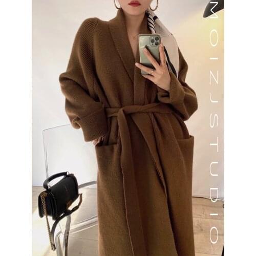 [ZAYAU]Womens Thickened Coffee Belt Coat Bathrobe Winter Knitted Sweater Wool Medium Length Loose and Warm