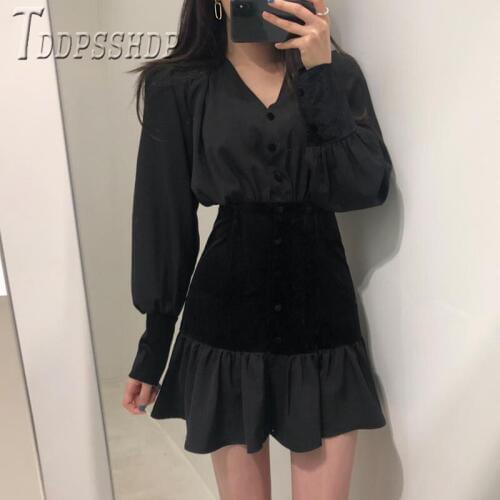 2020 French Retro V Neck Women Dress Black Lantern Sleeve Female Dresses