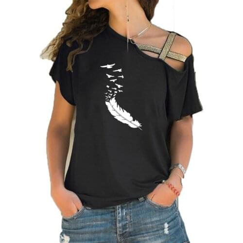 2021 Summer Women Tshirt Casual Short Sleeves Tops Tees Sexy Irregular Feather Print T-Shirts Loose Plus Size Casual Clothes