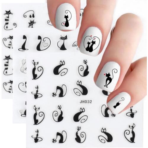 3D Nail Stickers Black Sliver Cat Butterfly Patterns Nail Art Decorations Decals Cartoon Nail Wrap Adhesive Sliders LAJH025-36