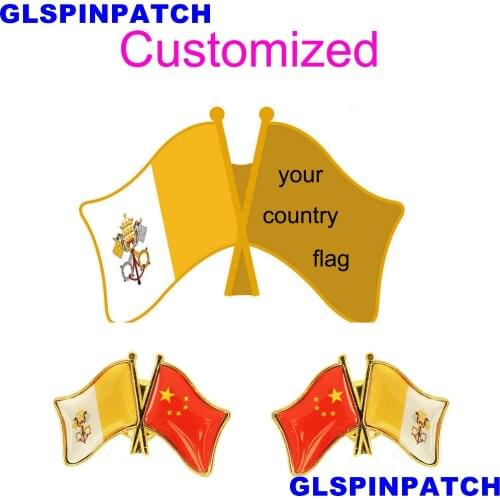 Vatican Crossed Friendship Flag Double Country lapel pin Brooch USA UK France Chile Russia Saudi Arabia Japan Spain Badge