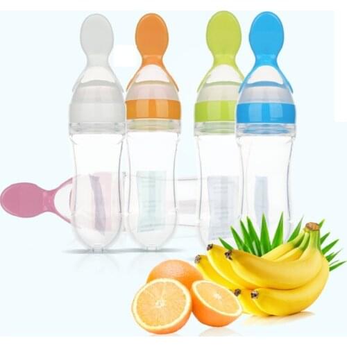 Baby Feeding Bottle 90ML Toddler Spoon Bottle Food Feeder Tool Soother Rice Cereal Supplement Cup Silica Gel BPA Free Standard