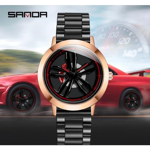 Sanda Car Rotating Wheel Watch Mens Sport Wristwatch Military Luxury Steel Belt Waterproof Casual Quality Quartz Watches 2021