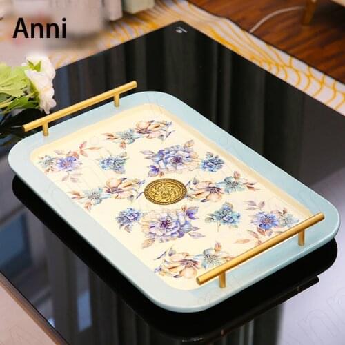 American Flower Painted Trays Decorative Creativity Golden Handle Rectangle Coffee Cup Tea Set Ceramic Storage Tray Home Decor