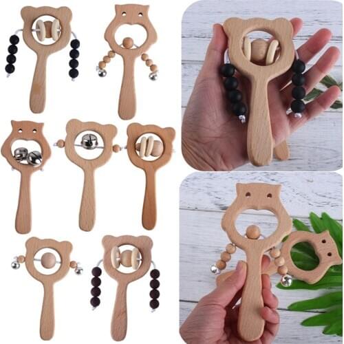 Baby Wooden Beech Rattle Wood Bear Silicone Beads Hand Bell Rattle Newborn Play Gym Montessori Toy Educational Kids Baby Toys