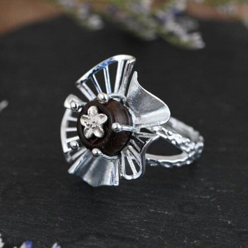FNJ Flower Ring Vintage 925 Silver New Original S925 Sterling Silver Rings for Womem Jewelry Adjustable size