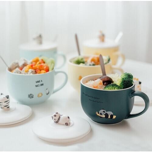 Creative cartoon large capacity mug with cover spoon cute girl heart ceramic cup home oat bowl Milk Cup