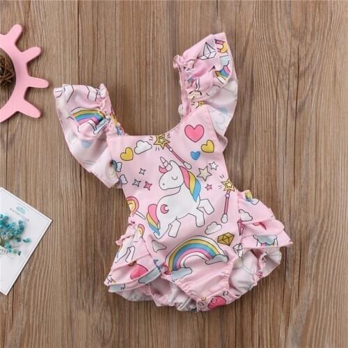 0-24M Newborn Cute Baby Girls Clothes Pink Lovely Backless Cartoon Unicorn Ruffle Romper Jumpsuit Clothes Ropa de niña