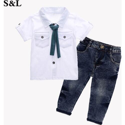 S&L Children Clothing Sets Boys Clothes Summer Toddler Short Sleeve T-shirt+Jeans For Sport Suits Wear 2-7 Year Kids Clothes k1