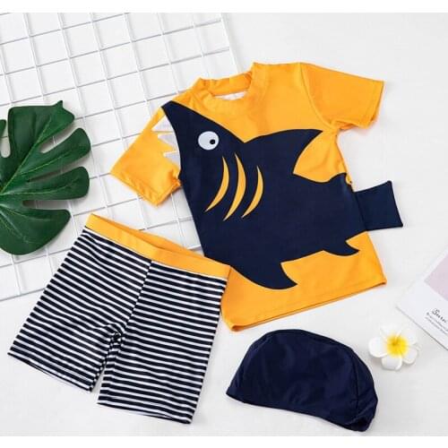Baby Swimming Suit + Cap Shark Print Swimswear Swimsuit Kids Toddler Boy Cartoon Children Rash Guards Beach 3pc Boy Clothing Set
