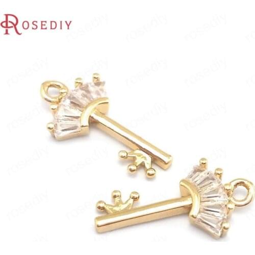 40188)10PCS 9x17MM 24K Champagne Gold Color Brass and Zircon with Crown Key Charms Pendants Diy Jewelry Making Supplies