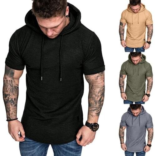 Mens Casual Fashion Sweatshirt Solid Color Short Sleeve Round Neck Hooded Slim T-shirt Comfortable Breathable Male Top