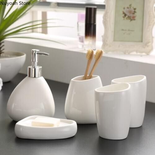 Nordic Minimalist Bathroom Decoration Accessories White Ceramic Toothbrush Holder Soap Dish 300ML Soap Bottle Bathroom Supplies