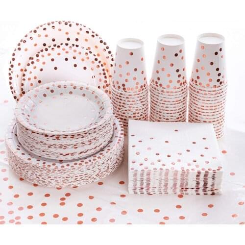 Disposable Plates Rose Gold Tableware Party Supplies Polka Dots Dinnerware Cutlery Sets for Wedding Bride Christmas Decoration