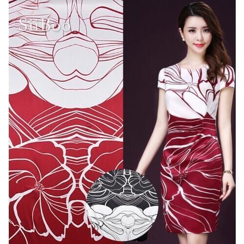 Luxury black red floral positioning print spandex silk fabric for dress stretch silk tissu telas tecidos stoffen 19mm SP4454