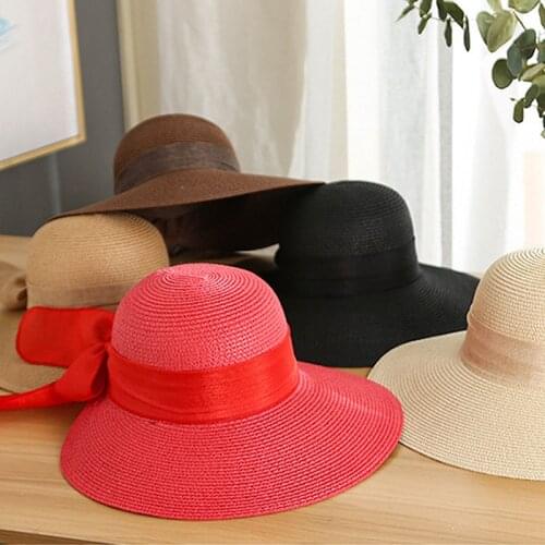 Elegant Womens Summer Hat Big Wide Brim Solid Color Bow Ribbon Decoration Sun Protection Cap Female Beach Hat Sun Hat Straw Hat