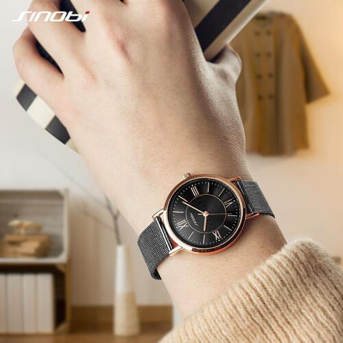 SINOBI Classic Women Watches Black Gold Luxury Simple Stainless Steel Ladies Watch Fashion Womens Watches Relogio Feminino
