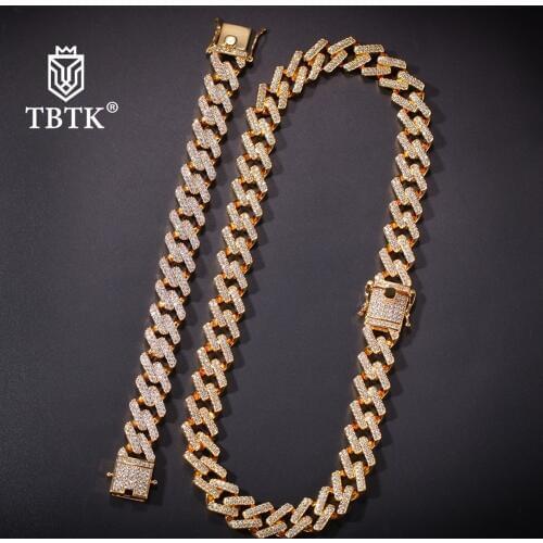 TBTK 14mm Cuban Link Necklace&Bracelet Jewelry Sets With Box Clasp Gold Copper Witth Sparkling Zircon Stones for Man Cool