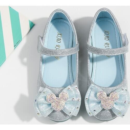 Disney girls princess shoes spring and autumn new flat single shoes flower crystal shoes childrens soft bottom leather shoes