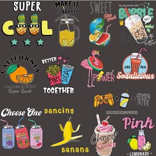 DIY Fruit and Drink Decoration Heat Transfer Iron On Womens T-shirt Fashion Girl Patches for Clothing Thermal Sticker Free ship