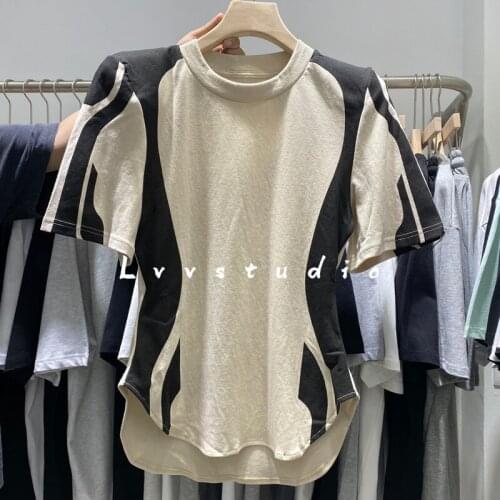 High Street Fashion Contrast Color Patchwork Irregular T-shirt Women Simple Casual Round Neck Slim Short Sleeve Top Female