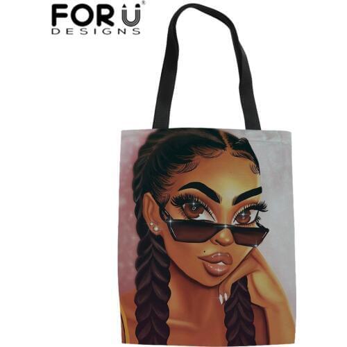 FORUDESIGNS Women Shopping Bags for Recycle Black Art African Girls Linen Tote Bag Ladies Beach Totes Females Shoulder Eco Bags