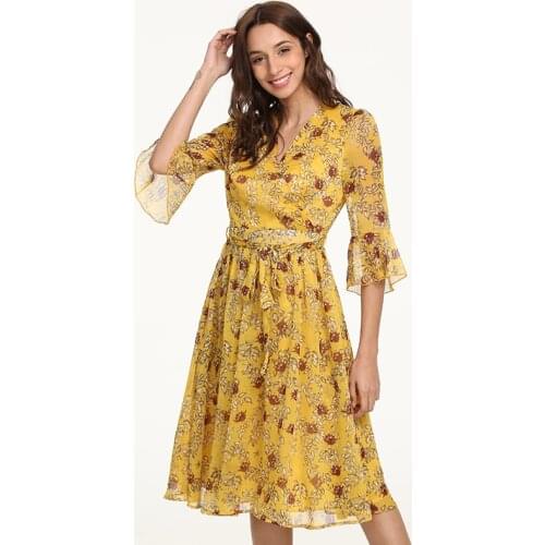 Yellow Floral Printed Chiffon Dress Women 2020 Summer A-line V-Neck Ruffles Dress High Waist Belts Dress For Women