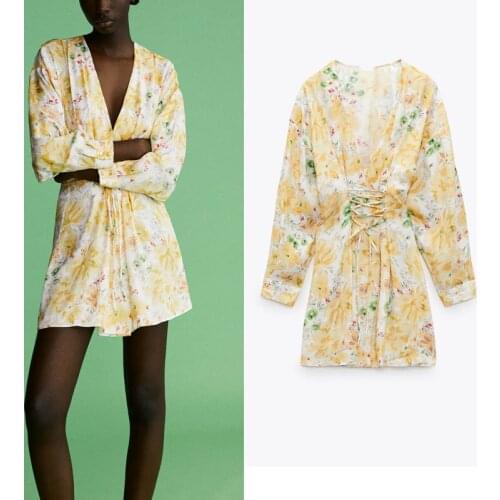 2021 Woman Summer Dress ZA Yellow Floral Print Hidden Zip Short Mini Dresses Women Vintage Lace Up V-neck Long Sleeve Dress