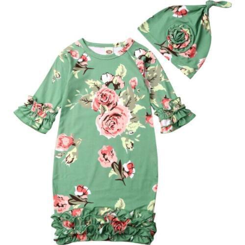 2pcs Cute Newborn Swaddle Blanket Baby Girl Long Sleeve Ruffle Floral Sleeping Bag Wrap Hat Clothes