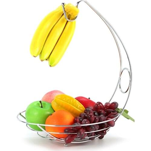 2 in 1 Banana Hanger Fruit Bowl Iron Holder Storage Basket Stand Hook Kitchen Storage Store