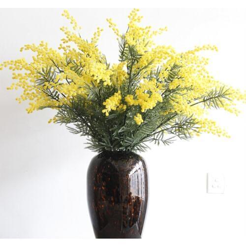 80CM Yellow Flocking Cherry Blossoms Mimosa Pudica Acacia Bouquet Flower Artificial Flower Floral Home Wedding Decoration