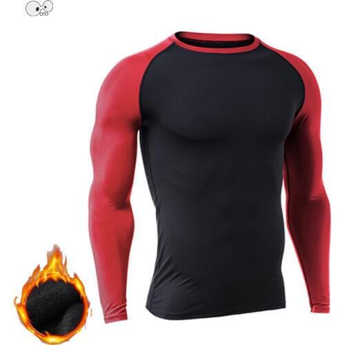 Base Layer Long Sleeve Running Skin Tights Workout GYM Fitness T-Shirt 2018 Mens Winter Warm Polyester Fleece Compression Shirt