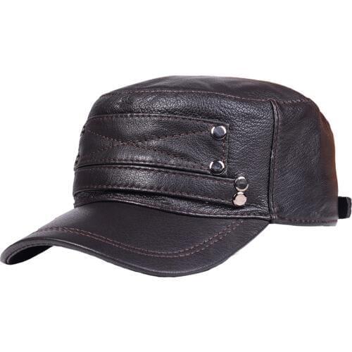 Womens Mens Genuine Leather Adjustable Military Flat top Cap Service Cap Beret Newsboy Navy/Army Caps/Hats