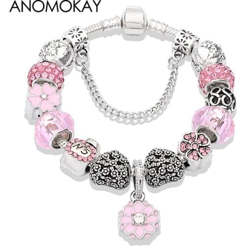 Dropshipping Romantic Pink Crystal Flower Bead Bracelet Silver Color Perfume Bottle Heart Diy Charm Bracelet Gift Pulsera