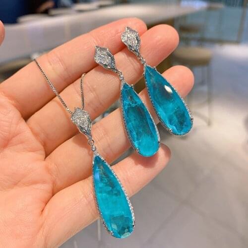 Funmode Blue Color Long Water Drop CZ Jewelry Set For Women Wedding Accessories Bridal PartyJewelry Set Wholesale FS196