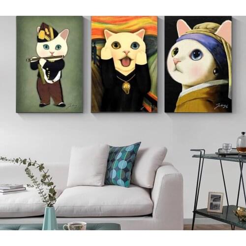Mediaeval Retro Cat Canvas Painting Portrait Animals Poster and Print Wall Art Pictures for Living Room Wall Decoration Cuadros