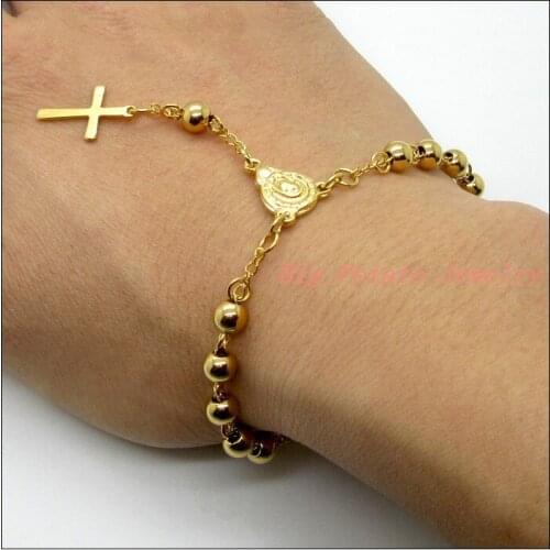 Top Design Yellow Gold Buddha Beads Stainless Steel Sweater Rosary Chain Womens Mens Bangle Bracelet Unisex Jewelry Good Gift 9"