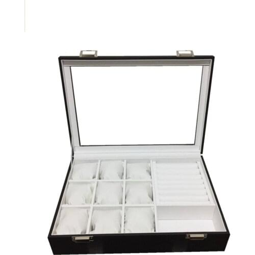 Clock Ring Koldüğmesi And Glasses Multi-Purpose Jewelry Box Black Leather Coating