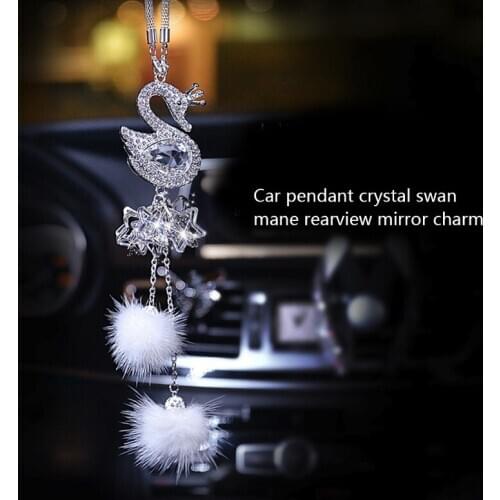 Fashion Car Pendant Diamond Crystal Fur Ball Swan Element Decor Automobile Rearview Mirror Car Hanging Ornaments Accessories