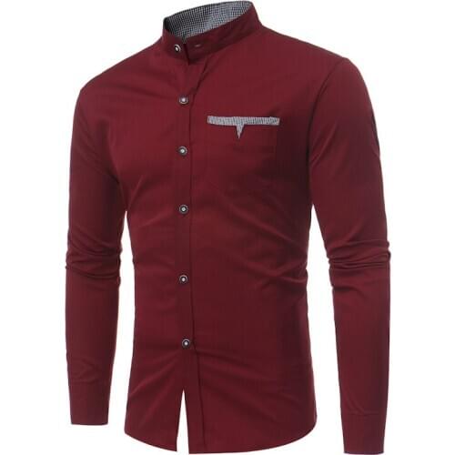 Mens Hipster Stand Collar Shirt Slim Fit Long Sleeve Camisas Para Hombre Business Casual Button Down Dress Shirts With Pocket