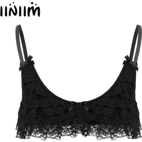 Mens Lingerie Bras Exotic Tanks for Weeding Nightwear Super Frilly Ruffled Layered Lace Sissy Camisole Clubwear Gay Male Bra Top