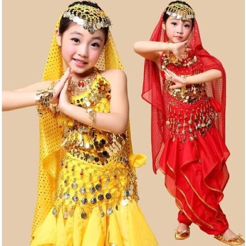 New! Girls Belly Dance Costume Bollywood Indian Belly Dancing Costumes 2-7pcs Sets red/rose/yellow 3 color