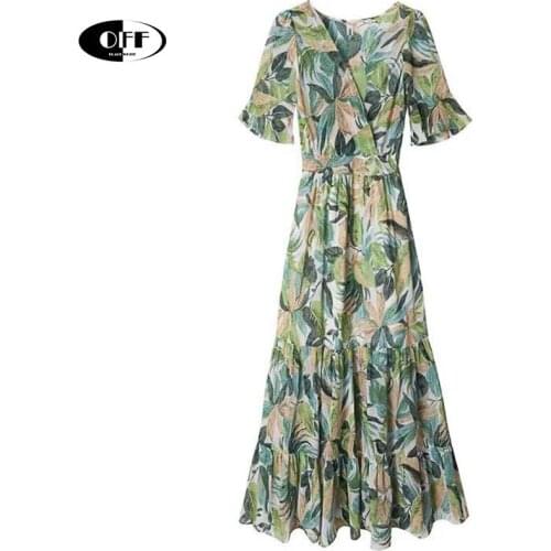 Summer Women Maxi Dresses Floral Printed Elegant V-neck Casual Vacation Beach Boho Casual Short Sleeve Ladies Long Dress Robes