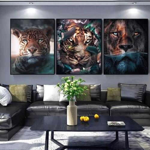 Lion and Tiger Canvas Art Posters, Prints, Creative Animals with Plant Leaves, Painting on the Wall, Artistic Picture Decor