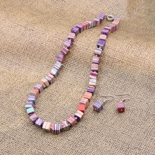 Rainbow Color Turquoises Stone Necklace Earrings Jewelry Set 8mm Cube Beads Short Chain Dangle Statement Women Sets 18" A947