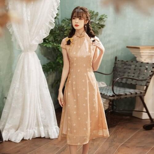 Plus Size M-3XL Chinese Style Orange Short Sleeve Cheongsam Modern Female Elegant Traditional Qipao