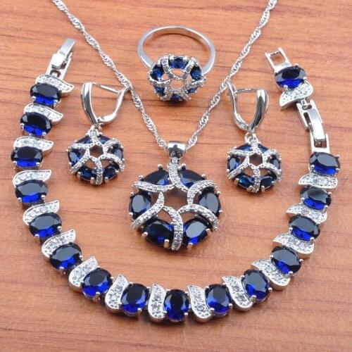 Luxury Blue ZirconiaSilver Color Jewelry Sets Wedding Earrings Necklace Pendant Rings Bracelet Brithday Gift JS0443