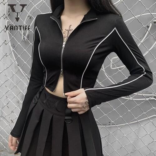 Sexy Tops Fashion Streetwear Bodycon Crop Tops Gothic Harajuku Zipper Cool Long-sleeved Hoodie Women Clothing Female for Girl